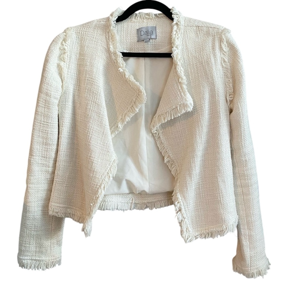 Dalia cream tweed fringe raw hem natural woven blazer jacket